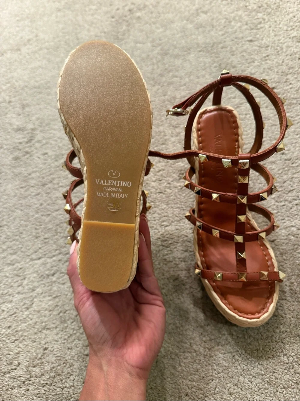 Valentino Tan Rockstud Espadrille Wedge Sandals